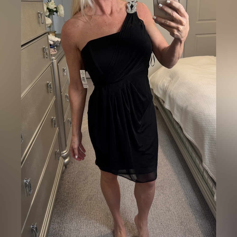 R&M Richard Elegant Black One-Shoulder Cocktail Dress 6P New NWT
